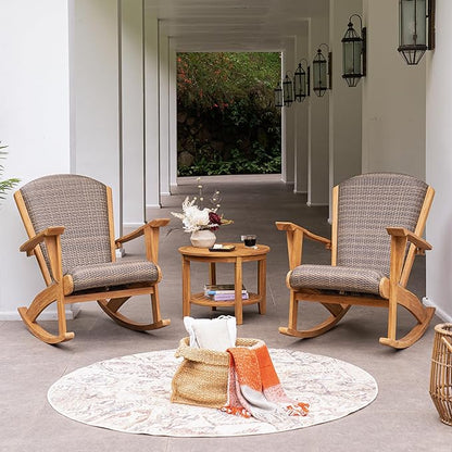 Cambridge Casual Camden Teak Wood Padded Woven Seat Outdoor Rocking Chair, All-Weather Wicker