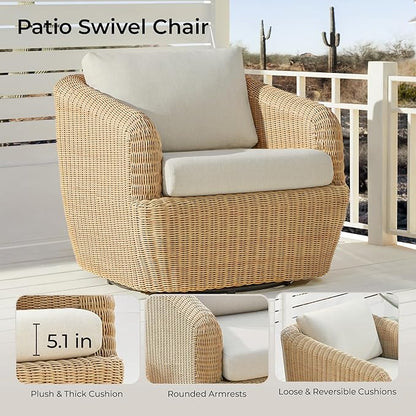 CHITA 3 Pieces Patio Wicker Furniture Set, Outdoor Rattan Bistro Set with Removable Thickened Cushions, Fully Assembled(Beige Cushions with Light Brown Wicker)
