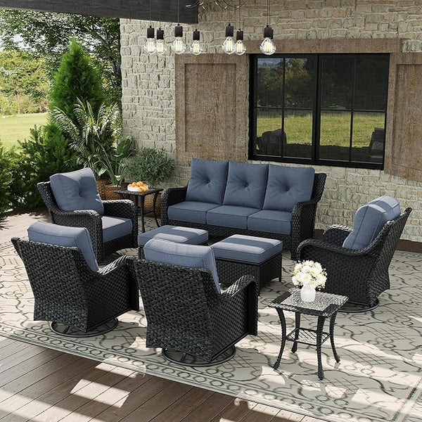 9 Piece Patio Furniture Set, All-Weather Wicker Outdoor Conversation Set with Swivel Rocking Chair and 6 Inch Thick - Photo 1