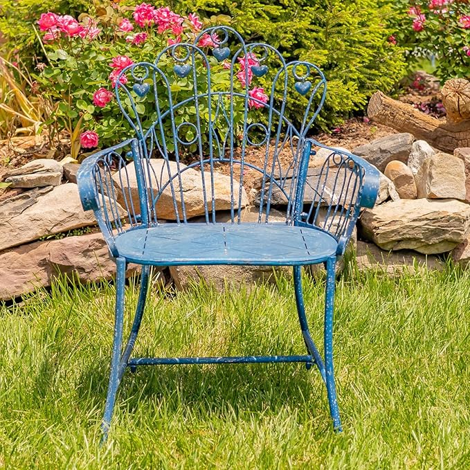 Zaer Ltd. Vintage Style Metal Patio Furniture with Heart Design Accents, Outdoor/Indoor Decor (Vintage Blue, Arm Chair) - Photo 2