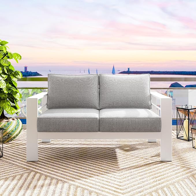 Solaste Outdoor Loveseat Aluminum Patio Furniture Sofa, All-Weather Metal Outdoor Couch with Cushions,Light Grey - Photo 6