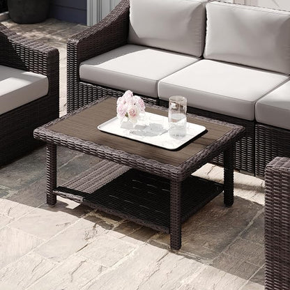 Martha Stewart Bedford Indoor-Outdoor Patio Coffee Table with Lower Shelf, Faux Wood Top, and Rattan Wicker Finish in Brown