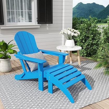 WestinTrends Malibu Outdoor Lounge Chair, 2-Pieces Adirondack Chair Set with Ottoman, All Weather Poly Lumber Patio Lawn Folding Chairs for Outside Pool Garden Backyard Beach, Pacific Blue