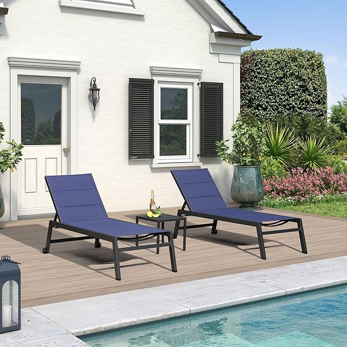 PURPLE LEAF Extra Large Outdoor Chaise Lounge 4 Pieces Aluminum Patio Lounge Chair with Wheels Reclining Chair for Patio Pool Beach Sunbathing Navy Blue Oversized Lounger