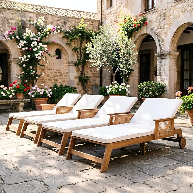 Merax 4-Pieces Retro Acacia Wood Outdoor Chaise Lounge with Wheels & 3-Position Adjustable Backrest, Vintage Wicker Sun Lounger with Plush Removable Cushion for Patio, Garden & Poolside, Acacia Wood