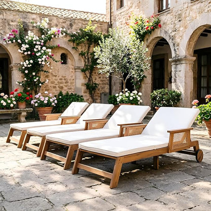Merax 4-Pieces Retro Acacia Wood Outdoor Chaise Lounge with Wheels & 3-Position Adjustable Backrest, Vintage Wicker Sun Lounger with Plush Removable Cushion for Patio, Garden & Poolside, Acacia Wood