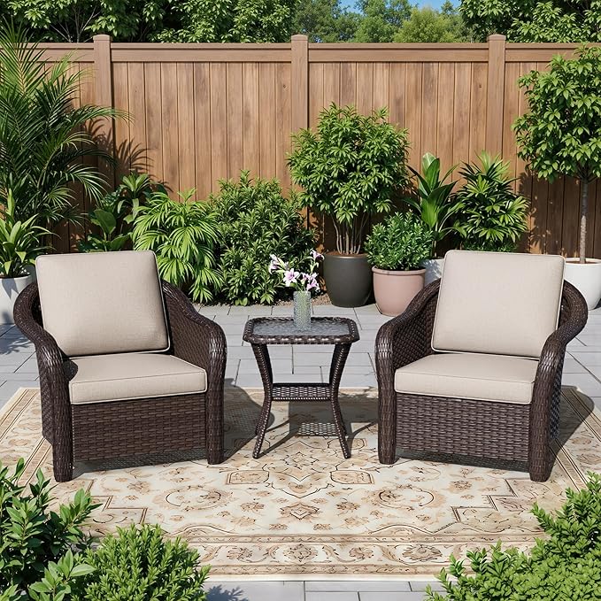 3 Piece Patio Wicker Bistro Set, 2 All-Weather Use Outdoor Wicker Chairs with PE Rattan Side Table, Ideal for Porch - Photo 1