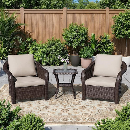 3 Piece Patio Wicker Bistro Set, 2 All-Weather Use Outdoor Wicker Chairs with PE Rattan Side Table,Ideal for Porch, Backyard, Balcony, Poolside, Beige