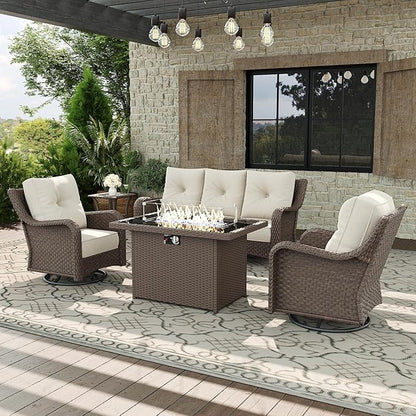 5 Piece Patio Furniture Set with Fire Pit Table, All-Weather Wicker Outdoor Conversation Set with Swivel Rocking Chair and 6 Inch Thick Cushions