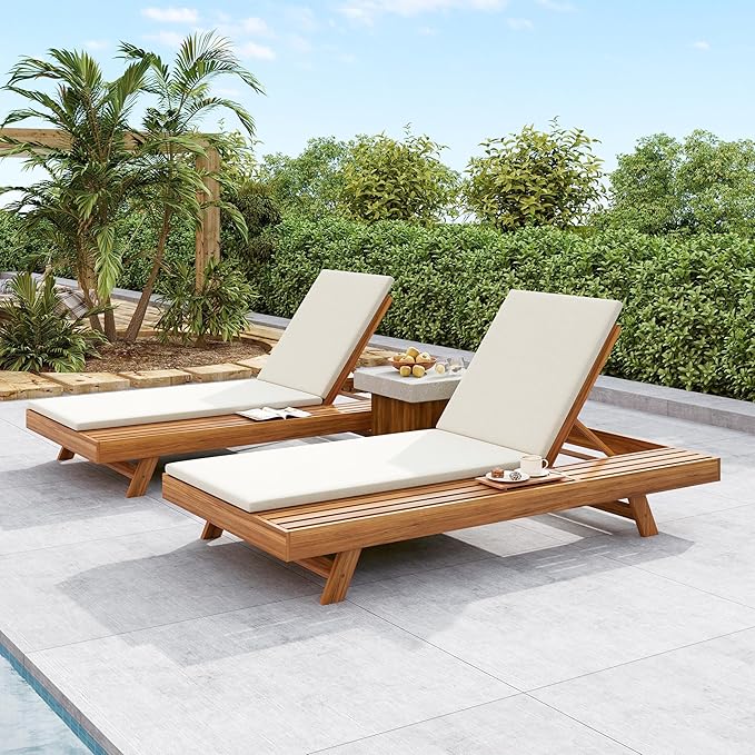 Merax Acacia Wood Chaise Lounge Chair Outdoor Set of 2, Patio Recliner with 4 Position Adjustable Backrest and 1.57" Thick Double-fold Cushion