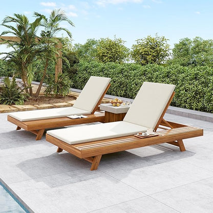 2-Piece Patio Lounge Chair Set with Side Space, Outdoor Chaise Lounge Adjustable & Breathable Acacia Wood Frame, Water-Resistant Cushions(Cream & 2 Inch Thick & Double FOLD)
