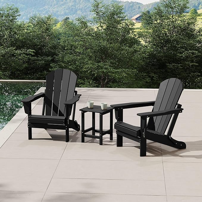WestinTrends Malibu 3-Pieces Adirondack Chairs Set with Side Table, All Weather Outdoor Seating Plastic Patio Lawn Chair Folding for Outside Porch Deck Backyard, Black