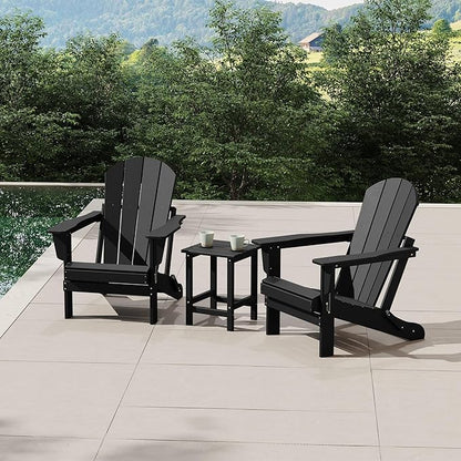 WestinTrends Malibu 3-Pieces Adirondack Chairs Set with Side Table, All Weather Outdoor Seating Plastic Patio Lawn Chair Folding for Outside Porch Deck Backyard, Black