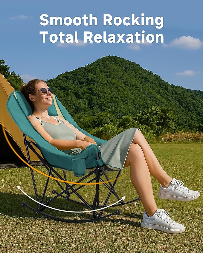 Slsy Oversized Heated Rocking Camping Chair for Adults, 400 lbs Heavy Duty Padded Recliner with Side Pocket, Cup Holder & Carry Bag, Foldable Outdoor Lawn Chair for Patio, Backyard, or Camp