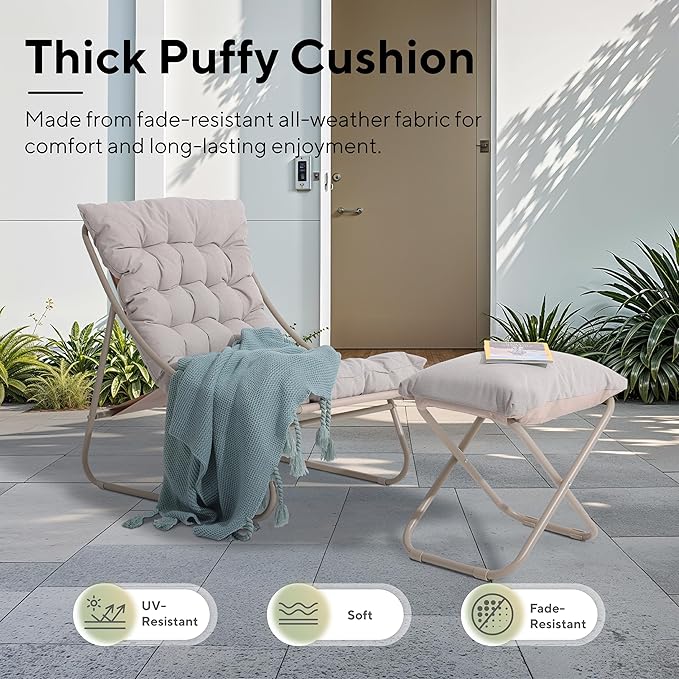 Patio Lounge Chair with Ottoman, Indoor Outdoor Comfy Sling Recliner Chair with Cushion, Modern Oversized Padded Lounge Chair Set with Footstool for Balcony Porch Garden, Champagne