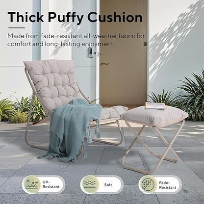 Patio Lounge Chair with Ottoman, Indoor Outdoor Comfy Sling Recliner Chair with Cushion, Modern Oversized Padded Lounge Chair Set with Footstool for Balcony Porch Garden, Champagne