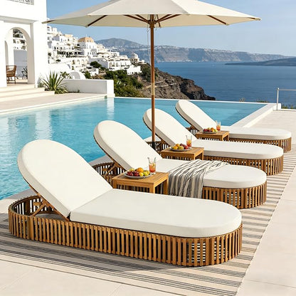 Merax Acacia Wood Chaise Lounge Set of 4 with Curved Cushion, Outdoor Sun Lounger for Patio, Poolside and Garden, Teak Finish Wood Recliner, 80.8" L, Supports 300 lbs, Cream