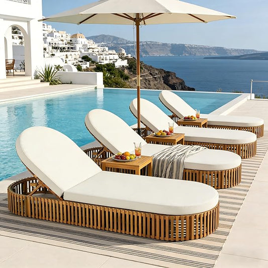 Merax Acacia Wood Chaise Lounge Set of 4 with Curved Cushion, Outdoor Sun Lounger for Patio, Poolside and Garden, Teak Finish Wood Recliner, 80.8" L, Supports 300 lbs, Cream