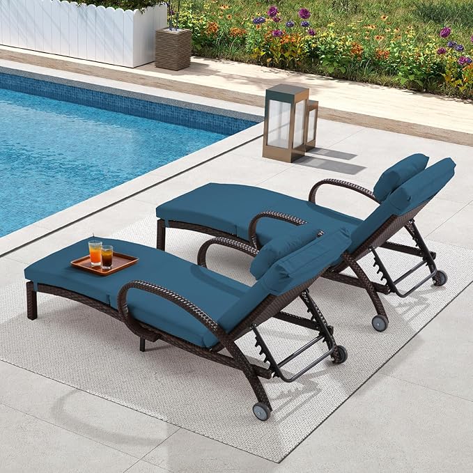 Pool Outdoor Lounge Chairs Set of 2,Outdoor Chaise Lounge w/ 5 Adjustable Back,Wicker Patio Pool Lounge Chair with Wheels for Poolside Deck Lawn,Peacock Blue