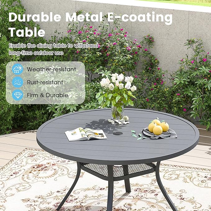 Patio Dining Table for 4-6, Round Metal Outdoor Table with 1.57" Umbrella Hole, 47" Outdoor Slat Tabletop Dining Table for Backyard, Porch, Lawn, Dark Grey
