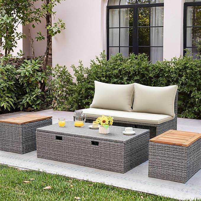 Flamaker Outdoor Rattan Daybed with 2 Side Tables, Multifunctional Wicker Patio Sofa with Storage Ottoman, Cushions - Photo 2