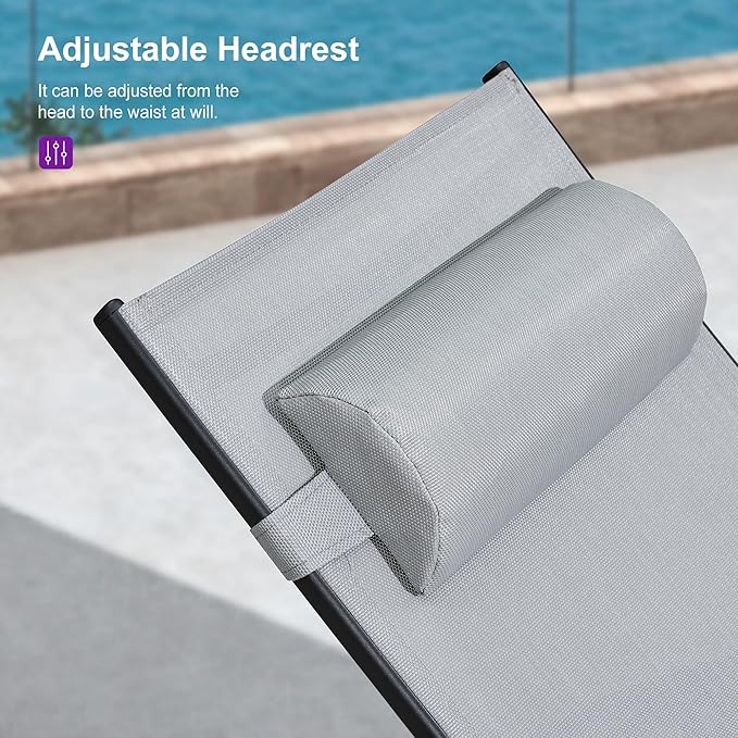 PURPLE LEAF Patio Chaise Lounge with 10' x 6.5' Tilt Umbrella Outdoor Lounge Chair Beach Pool Sunbathing Lawn Lounger, Base and Side Table Included, Light Grey