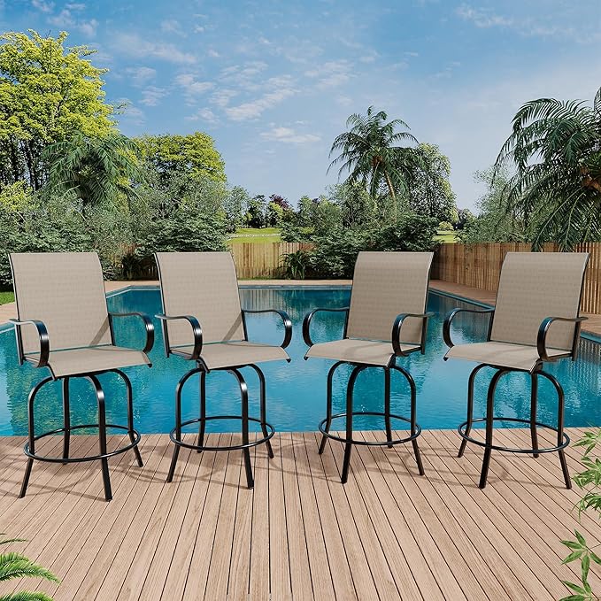 Swivel Bar Stools 2-Piece Set, Outdoor Patio Bar Height Chairs with Rust-Resistant Metal Frame & All-Weather Textile, Taupe High Top Stools for Garden, Balcony, Backyard(Brown)