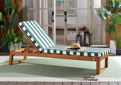 SAFAVIEH Outdoor Patio Furniture Collection - Sophie Natural Brown Solid Wood Chaise Lounge Chair, Adjustable Reclining, Hunter Green Stripe Cushion (PAT7101H)