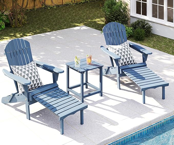 Wooden Folding Adirondack Chair with Ottoman, Pre-Assembled Backrest and Seat Board, Lounge Chair for Outdoor Patio Garden Lawn Backyard Firepit Deck Pool Beach