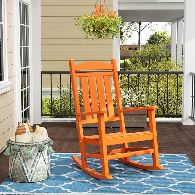 WO Home Furniture Patio Rocking Chair Farmhouse Outdoor HDPE UV Weather Resistant (Orange)