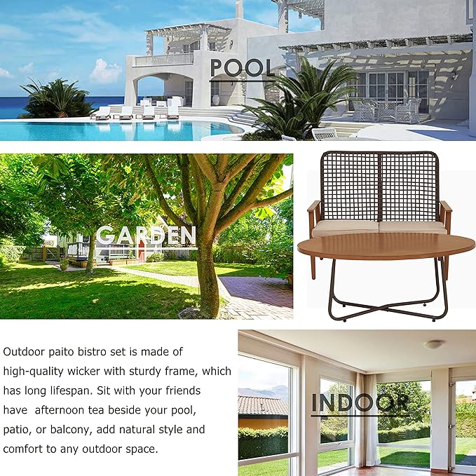 LOKATSE HOME Outdoor 2 Pcs Patio Loveseat Wood with Coffee Table Bistro Cushioned Outside Bench Wicker for Garden Poolside Balcony, Khaki