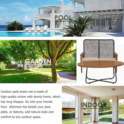 LOKATSE HOME Outdoor 2 Pcs Patio Loveseat Wood with Coffee Table Bistro Cushioned Outside Bench Wicker for Garden Poolside Balcony, Khaki