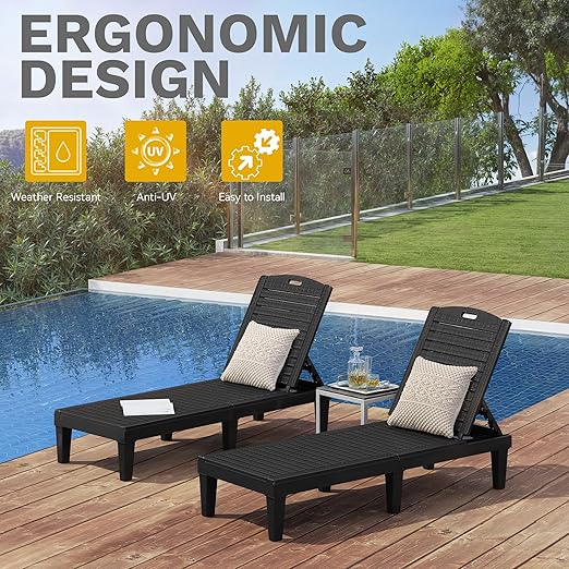 DWVO Outdoor Plastic Chaise Lounger, Poolside Lounge Chair w/5-Position Adjustable Backrest, Waterproof & Easy Setup for Patio, Poolside, Garden (Black, 1 PC)