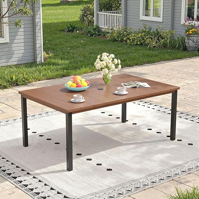 Outdoor Dining Table for 6, 63" Rectangle Outdoor Table with Adjustable Umbrella Hole, All-Weather Metal Patio Dining Table for Lawn Garden Backyard Deck, Walnut