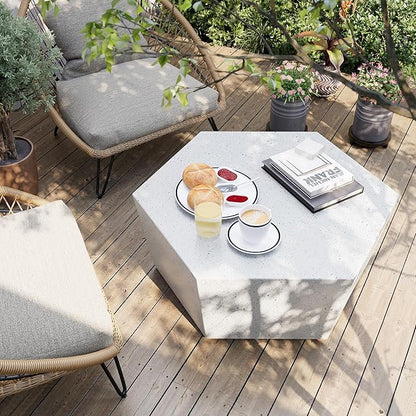 UPHA 35" Hexagon Outdoor Coffee Table, Modern Hollow Concrete Patio Table, Small Minimalist Low Accent Table for Living Room, Balcony, Deck, Backyard, Off-White