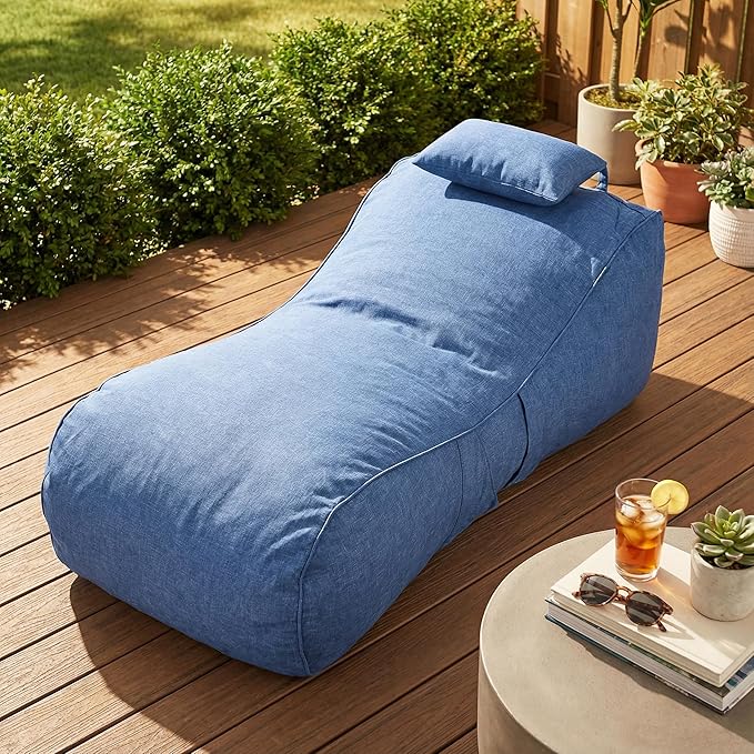 Merax Outdoor Bean Bag Chairs with Headrest, 71" L Large Lounger Chair for Adults Bean Bag Bed with Foam Filled for Patio Pool Balcony & Desk, Beige Fabric Outside Beanbag Chair, Navy Blue