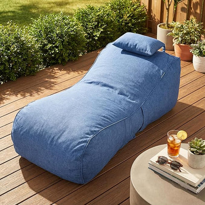 Merax Outdoor Bean Bag Chairs with Headrest, 71" L Large Lounger Chair for Adults Bean Bag Bed with Foam Filled for Patio Pool Balcony & Desk, Beige Fabric Outside Beanbag Chair, Navy Blue
