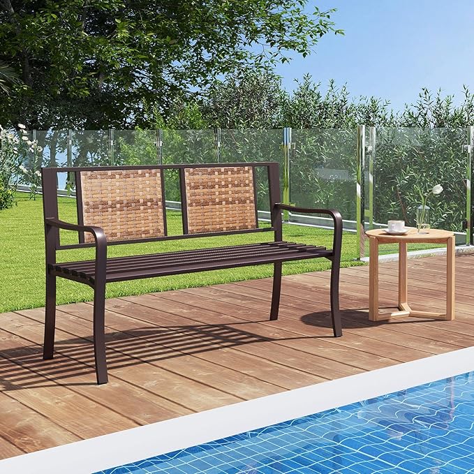 Tangkula 51” Metal Outdoor Park Bench, Patio Garden Bench with Rattan Backrest & Curved Armrests, Heavy-Duty Outside Loveseat for 2-3, Heavy-Duty Outdoor Seating for Backyard, Lawn, Porch
