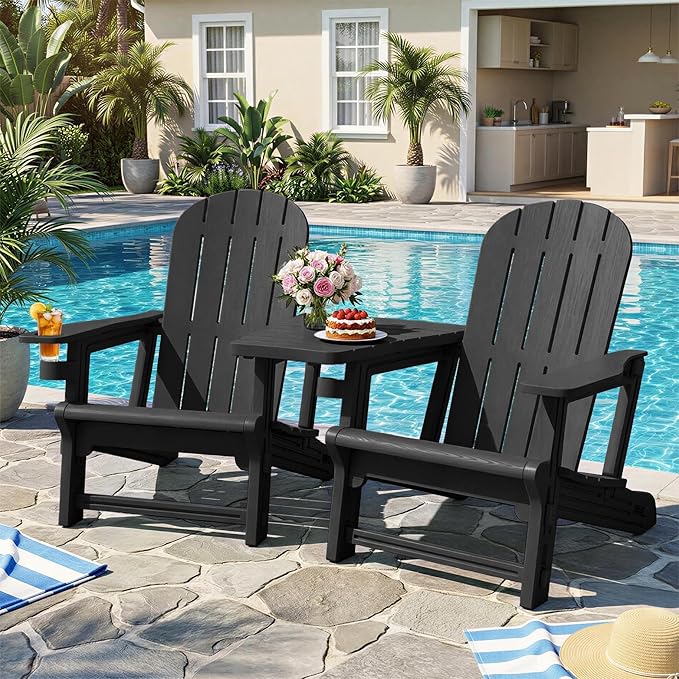 JY QAQA Outdoor Adirondack Chair Set of 2, All-Weather HDPE Patio Furniture with Detachable Table, Wood Texture & Cup Holder for Patio, Poolside, Garden, Black