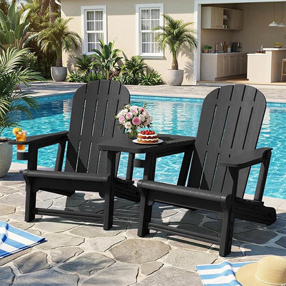 JY QAQA Outdoor Adirondack Chair Set of 2, All-Weather HDPE Patio Furniture with Detachable Table, Wood Texture & Cup Holder for Patio, Poolside, Garden, Black