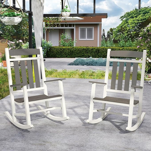 Outdoor Patio Rocking Chairs Set of 2, Made of Metal & WPC, Outside Oversized Porch Rocker Chairs with High Back for Adults, Weather Resistant Outdoor Rocker for Garden Lawn - White and Grey