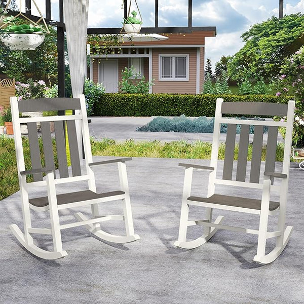 Outdoor Patio Rocking Chairs Set of 2, Made of Metal & WPC - Photo 1