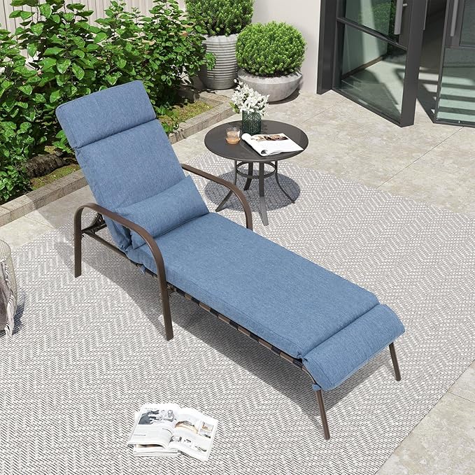 Crestlive Products Adjustable Chaise Lounge Chair with Cushion & Pillow, Outdoor Five-Position Recliner, All Weather for Patio, Beach, Yard, Pool (1PC Dark Blue)