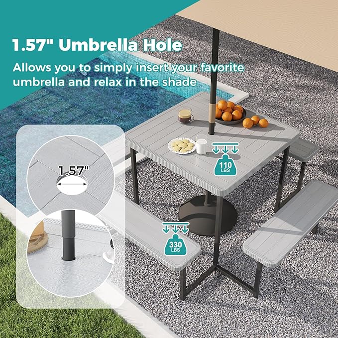 Giantex Picnic Table Bench Set for 4-8 People, 34" Outdoor Square Dining Table & 2 Benches w/Umbrella Hole - Photo 5