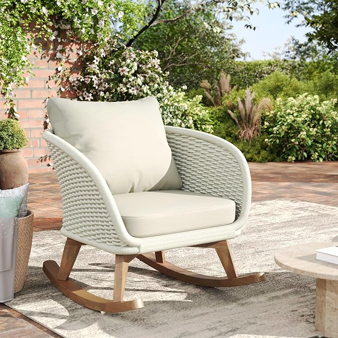 Outdoor Wooden Rocking Chair, Patio Rocking Chair with Soft Cushions & Wood Leg - Photo 8