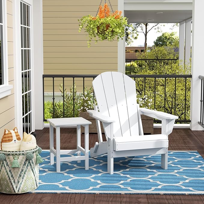 WestinTrends Malibu 2-Pieces Adirondack Chair Set with Side Table, All Weather Outdoor Seating Plastic Patio Lawn Chair Folding for Outside Porch Deck Backyard, White