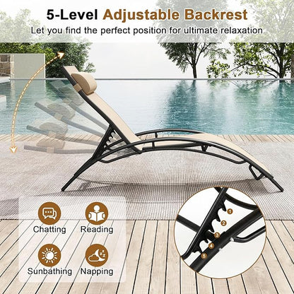Tangkula Lounge Chairs Outdoor Set of 2, Heavy-Duty Patio Chaise Lounges with 5-Position Backrest & Breathable Seat Fabric, Outside Beach Pool Sunbathing Recliner for Backyard, Poolside (Beige)