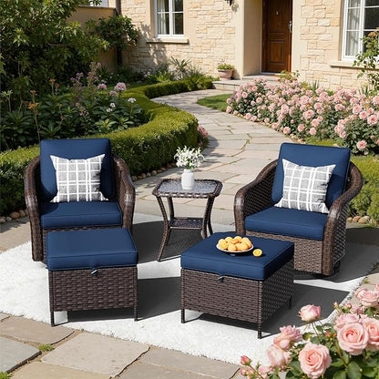 5 PCS Outdoor Conversation Set | 2 Swivel Chairs, 1 Side Table, 2 Ottomans, Patio Wicker Conversation Furniture with Removable Cushions for Bistro, Deck, Sunroom(Navy Blue)