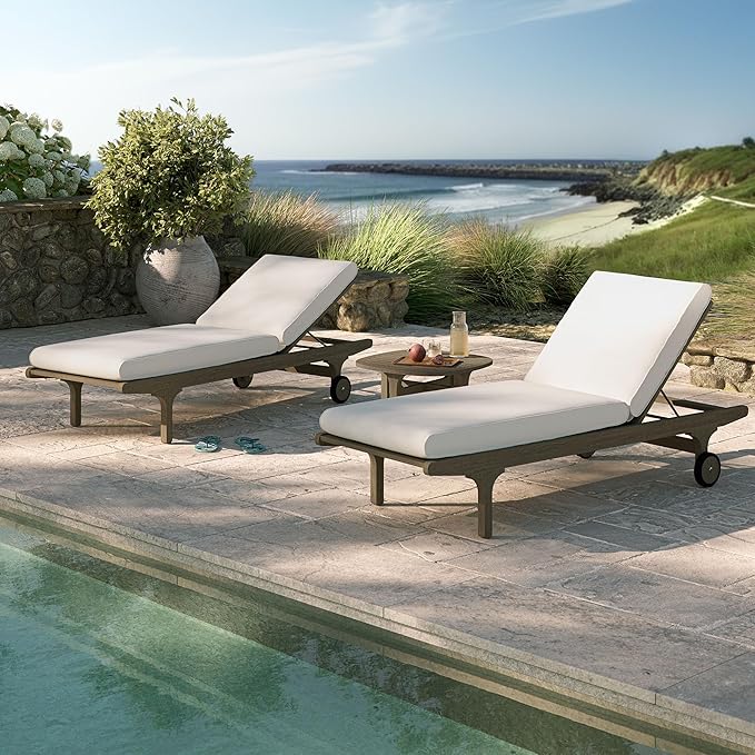Modway Saratoga Teak Wood Set of 2 Chaise Lounge Chairs and Side Table in Weathered Gray - 3-Piece Outdoor Furniture Set