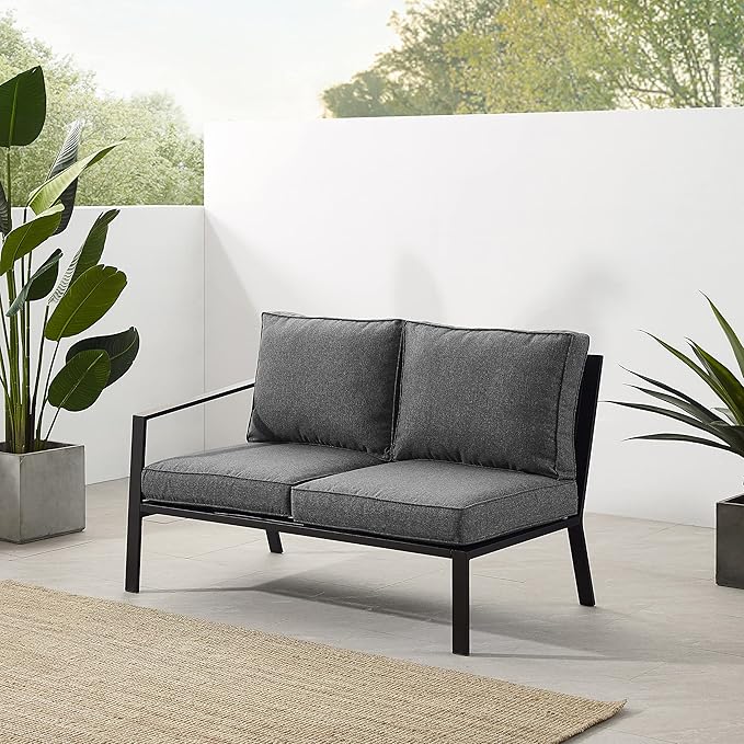 Crosley Furniture Clark Outdoor Sectional Left Side Loveseat, 2-Person Patio Couch for Deck, Backyard, Matte Black with Charcoal Cushions